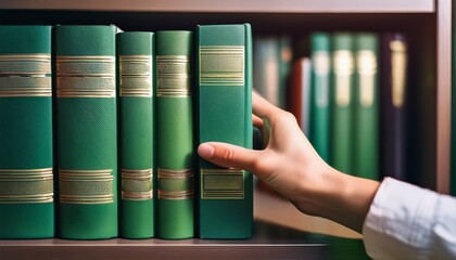 hand pulling a thesis book off the shelf in library green colors books