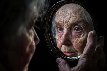 Close-up of an elderly woman's reflection in a hand-held mirror, capturing her introspective contemplation and the detailed texture of her aged skin in a dramatic and intimate moment.