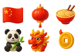 Set of 3D-style Chinese cultural icons: Chinese flag, red lantern, bowl of noodles, panda with bamboo, dragon head, and gold coin. Isolated on transparent background. Concept of Chinese culture
