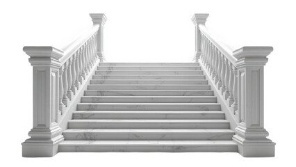A frontal view of a white marble staircase with balustrades against a black background in a studio shot