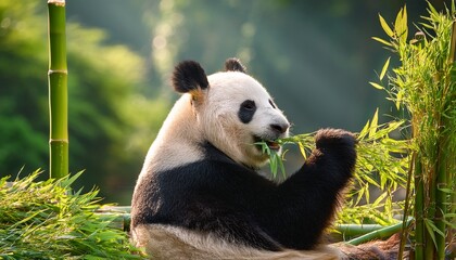 Obraz premium a panda bear eating bamboo in a serene forest clearing