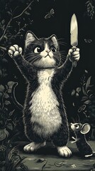 Playful cartoon cat holding knife funny illustration image