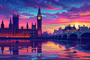 Artistic illustration of London, England at dusk with Big Ben Tower and glowing city lights