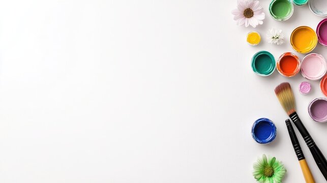 Paint pots and brushes with flowers, bright cheerful style, high quality flat lay, horizontal wide shot, vibrant colors, art supplies concept, white background, rainbow hues, perfect for craft blogs