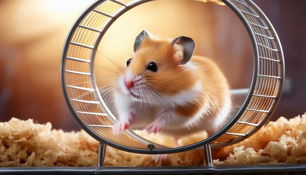 a hamster joyfully runs on its wheel in a clean well lit cage with comfortable bedding