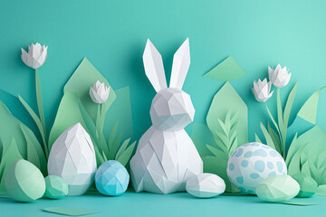 A charming scene showcasing an origami chick between geometric eggs and spring flowers in a lush green meadow, embodying the festive and joyful vibe of the spring and Easter season.