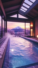 Serene Sunrise Over Mount Fuji: A Luxurious Open-Air Onsen Experience Surrounded by Blossoming Cherry Trees