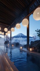 Serene Sunrise Over Mount Fuji: A Traditional Japanese Open-Air Onsen Experience with Steaming Mineral Waters