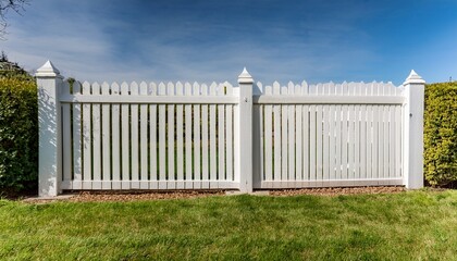 a classic white wooden picket fence with evenly spaced vertical slats representing a traditional and charming look for gardens and yards