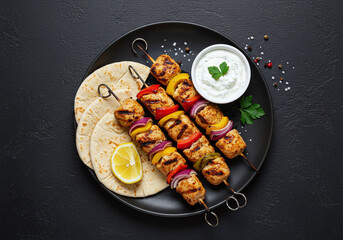 Professional food shot of grilled chicken souvlaki skewers, pita bread, and tzatziki, with vibrant veggies. Top-down view, centered plating, set against a solid black background.