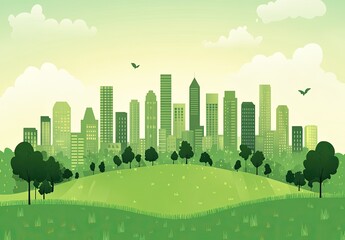 Fototapeta premium Eco-friendly cityscape. Lush green urban landscape with trees and buildings