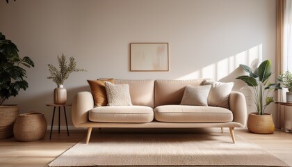 cozy living room with a beige sofa and minimal decor creating a warm ambiance