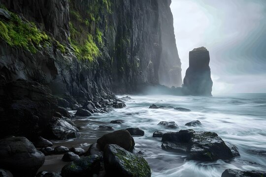 Dramatic coastal scene with basalt cliffs, waves, and a rock formation