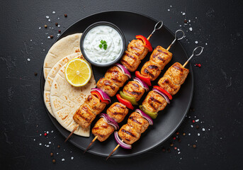 Chicken souvlaki skewers with charred veggies, plated with soft pita bread and a dollop of tzatziki. A vibrant, centered top-down shot on a black background in crisp HD detail.