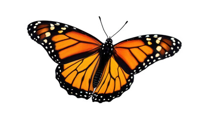 Fototapeta premium Isolated monarch butterfly with orange and black wings on a black background in full spread view
