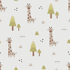 Seamless pattern with cute giraffes and forest. Childish Cartoon Animals Background. design for kids apparel, wrapping paper, wallpaper, fabric, textile and more.