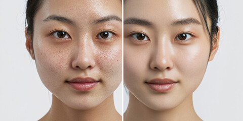 a split screen comparison of an Asian woman’s face before and after skin laser treatment, on the left is before the treatment with skin pores and pimples, on the right is after laser skin treatment 