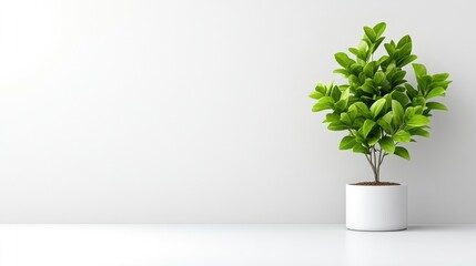 Fototapeta premium A green potted plant with lush leaves sitting on a white surface against a plain wall, and minimalist interior design concept.