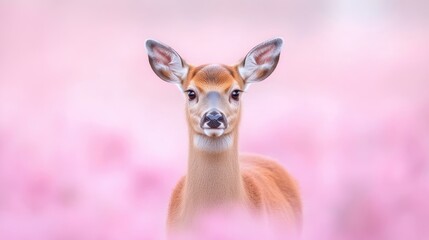 Fototapeta premium Whitetail Deer in Pink Flowers, Dreamy Soft Focus, High-Resolution Sharp Detail, Front Portrait View, Gentle Doe Gaze, Pink Blossom Field Backdrop, Delicate Pastel Hues, Perfect for Nature Calendars