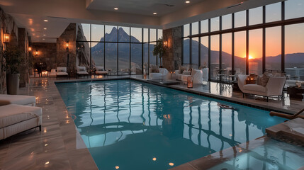 Fototapeta premium Piscine intérieure luxueuse avec vue panoramique sur les montagnes du Colorado au coucher du soleil