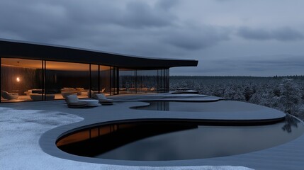Obraz premium Modern winter home with infinity pool. A stunning contemporary residence nestled amongst snow-covered pines, featuring a glass-fronted living space opening onto an outdoor infinity pool.
