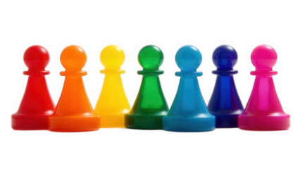 A straight line of colorful game pawns against a black background in a studio shot close up view