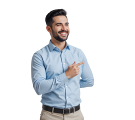 Pointing, marketing with young man as formal outfit of product placement, advertising and promotion.