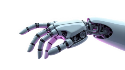 A robotic hand with visible gears and joints against a black background and purple lighting effect