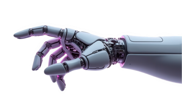 Close up of a robotic arm with visible joints and metallic details against a black background