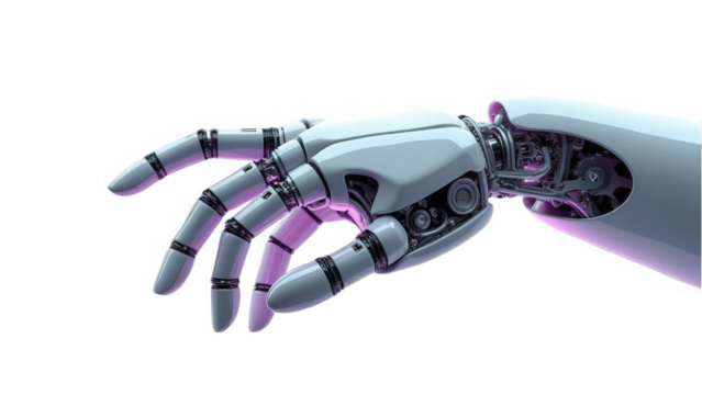A robotic hand with visible gears and joints against a black background and purple lighting effect