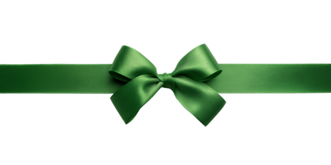 Shiny satin green ribbon with a bow isolated on transparent background for greeting cards and invitations.	