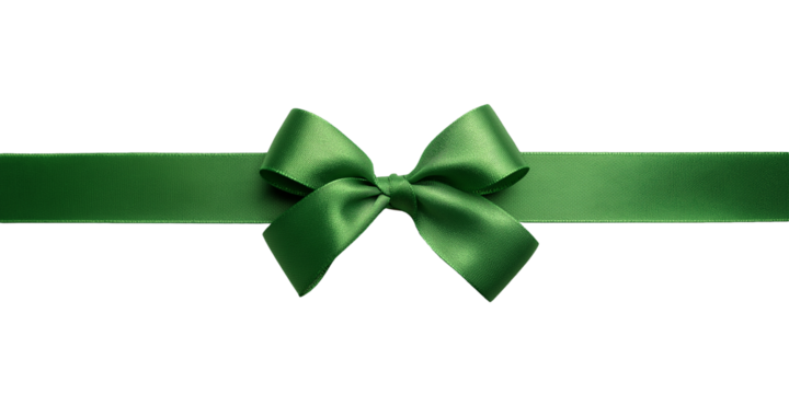 Shiny satin green ribbon with a bow isolated on transparent background for greeting cards and invitations.	