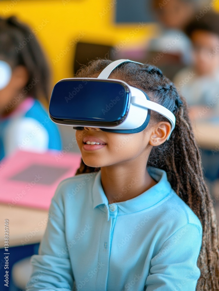 Poster student engages with interactive virtual reality in a futuristic classroom setting