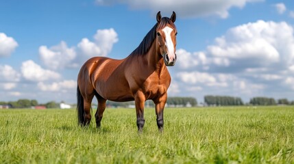 Fototapeta premium A chestnut horse with a white blaze stands in a lush green field. The horse is well-muscled and appears healthy. The image features a bright, sunny day with fluffy white clouds. Its a high-quality p