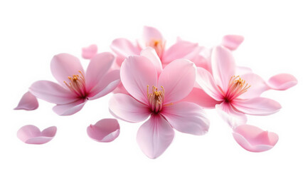 A close up of several pink flowers and petals scattered on a black background in soft focus style