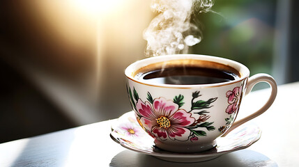 A cup of coffee with steam coming out of it. Generated using AI.