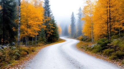 Fototapeta premium Autumnal forest road winding through misty landscape