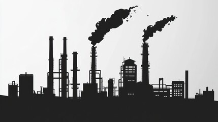 Obraz premium Industrial plant silhouette against white background, showing smoke stacks and buildings. Possible use Environmental issues, pollution, industry