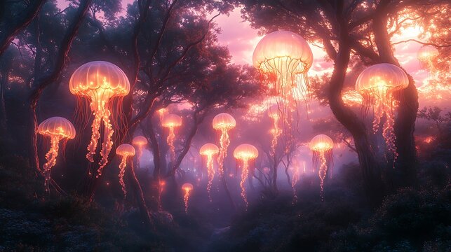 A lofi-inspired misty forest with floating jellyfish-like lights drifting between ancient trees, soft pink and purple hues filling the sky,