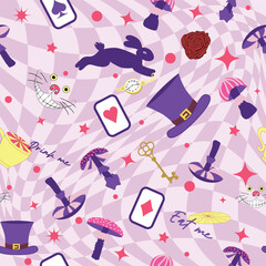 Wonderland pattern elements roses, rabbit, Cheshire cat, flamingo cards hat cup and mushrooms and clock