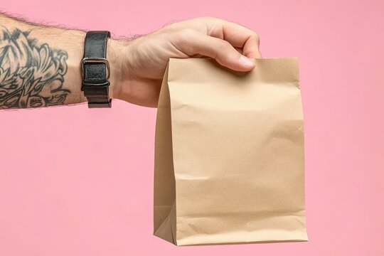 The image features a male hand grasping a vacant brown craft paper bag, designed for takeaway purposes, on a soft pink background, illustrating a packaging template and delivery service idea with an