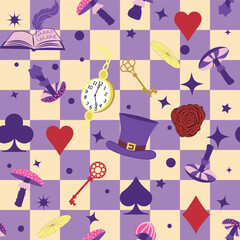 Wonderland pattern elements roses, rabbit, Cheshire cat, flamingo cards hat cup and mushrooms and clock