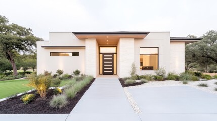 Fototapeta premium A modern, single-story house with a light beige facade features a dark brown entry door and large windows. Landscaped gardens flank the walkway leading to the front door. The image is well-lit, high-