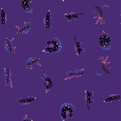 Mystical seamless pattern of cats in boho style, silhouette collection. Esotericism and mysticism, occultism. Cartoon flat vector illustrations, isolated