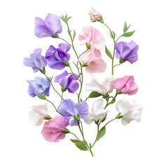 Healthy Sweet Pea Vine with Soft Pink Purple Flowers Isolated on Transparent Background