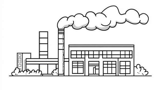 Simple line drawing of a factory with smoke.  Possible use Educational material