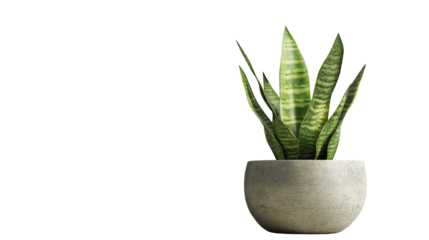 Indoor plant in modern concrete pot, snake plant style, PNG with soft shadows