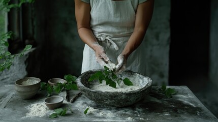 Woman kneading dough with herbs in a rustic bowl