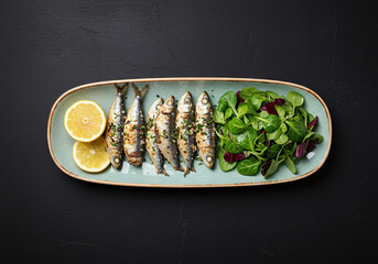 Elegant food photo of golden grilled sardines with mixed greens and lemon slices, styled on a narrow platter.  top view over a black background, perfect for menus or ads.