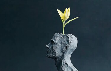 The concept of life, freedom, and hope is depicted through a surreal scene of a flower alongside a broken human sculpture in a digital artwork illustration